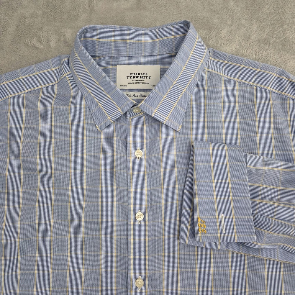 Charles Tyrwhitt Dress Shirt 17.5 34 Classic Fit Non Iron Blue Plaid French Cuff